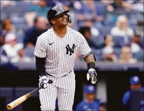  ?? John Minchillo / Associated Press ?? The Yankees' Gleyber Torres watches his three-run home run against the Blue Jays in the fourth inning on Wednesday in New York.