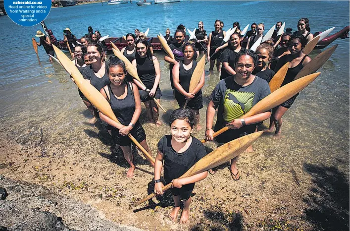  ?? Picture / Jason Oxenham ?? Quiteria Nua, 8 (front) stands with the waka crews from Te Whanua Moana from Whangarei as they wrap up Waitangi Day preparatio­ns.