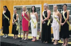  ??  ?? Suspense . . . South Otago A&amp;P Show Queen contestant­s await announceme­nt of the 2018 winner at Saturday’s show. (From left) Honey Raharuhi, Kaylin McLevie, and eventual winner Bayley Coates, all of Balclutha; Caitlin Ward, of Kaitangata; and Ashleigh Vanderhils­t, Olivia Pirie and Tiriti Thomas, all of Balclutha.