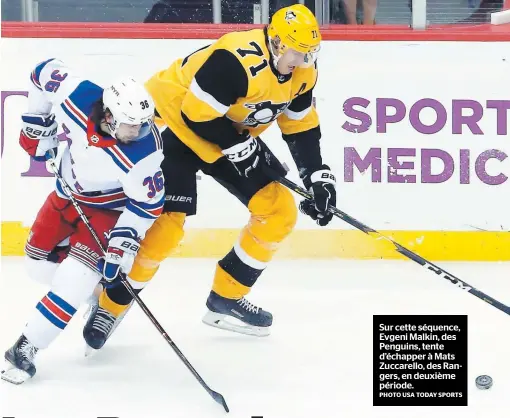  ?? PHOTO USA TODAY SPORTS ?? Sur cette séquence, Evgeni Malkin, des Penguins, tente d’échapper à Mats Zuccarello, des Rangers, en deuxième période.