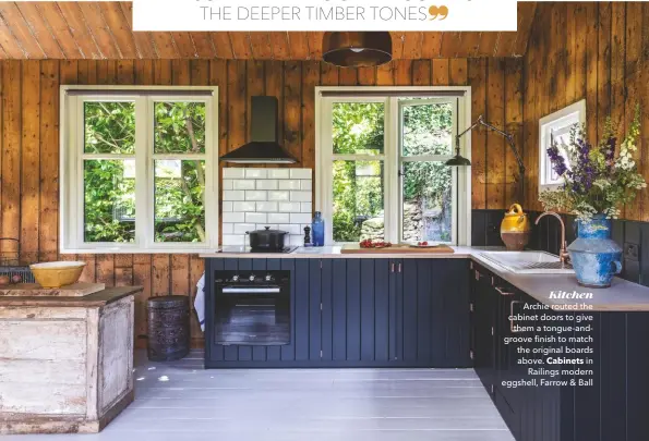  ??  ?? Kitchen Archie routed the cabinet doors to give them a tongue-andgroove finish to match the original boards above. Cabinets in Railings modern eggshell, Farrow & Ball