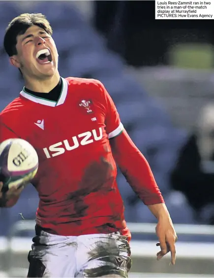  ??  ?? Louis Rees-Zammit ran in two tries in a man-of-the-match display at Murrayfiel­d PICTURES: Huw Evans Agency