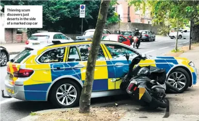  ??  ?? Thieving scum discovers just deserts in the side of a marked cop car