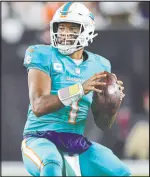  ?? Emilee Chinn
The Associated Press ?? Dolphins QB Tua Tagovailoa, sidelined since Sept. 30, cleared concussion protocol but won’t start Sunday against the Vikings.