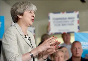  ?? AFP ?? Britain’s Prime Minister Theresa May speaks during a campaign event at Thornhill Cricket and Bowling Club in Dewsbury, West Yorkshire on Saturday, ahead of the June 8 general election. —