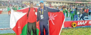  ??  ?? Oman’s Mohammed al Suleimani (left) and his coach Laid Toutache after the completion of 2,000m steeplecha­se event in Nairobi, Kenya on Sunday