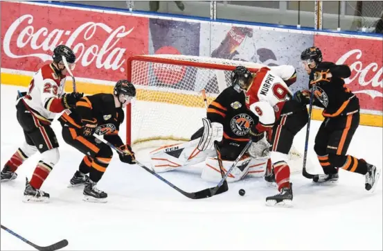  ?? Julie Pringle/Snap Photograph­y ?? Warriors RJ Murphy (9) and Willie Reim (23) put pressure on the Trail defence and goalie Adam Marcoux in Game 3 action Monday at Royal LePage Place.