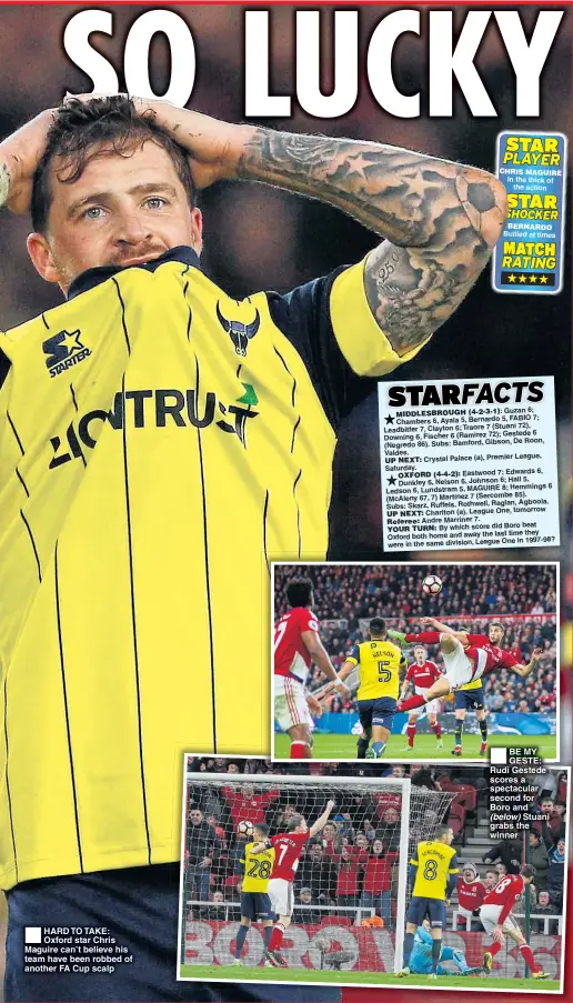  ??  ?? HARD TO TAKE: Oxford star Chris Maguire can’t believe his team have been robbed of another FA Cup scalp BE MY GESTE: Rudi Gestede scores a spectacula­r second for Boro and (below) Stuani grabs the winner