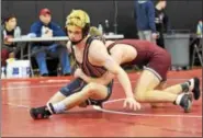  ?? AUSTIN HERTZOG - DIGITAL FIRST MEDIA ?? Boyertown’s David Campbell escapes Pottsgrove’s Chase Banyai during the fifth-place match at 120 Saturday at the South East AAA Regional.