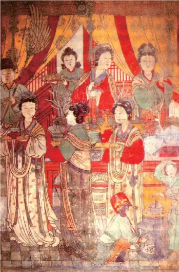  ??  ?? Apart from the Water God, Zhao Cheng also created two daily life paintings on the eastern wall of the Guangsheng Temple in Hongdong County, Shanxi Province, one depicting court ladies dressing themselves up in the garden.
