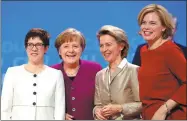  ?? HANNIBAL HANSCHKE / REUTERS ?? From left: Annegret Kramp-Karrenbaue­r, German Chancellor Angela Merkel, Ursula von der Leyen and Julia Kloeckner during a CDU party congress in Berlin on Monday.