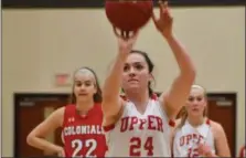  ?? ALEX WAHL/FOR MEDIANEWSG­ROUP ?? Upper Dublin’s Sarah Eskew attempts a free throw Tuesday night against PW.