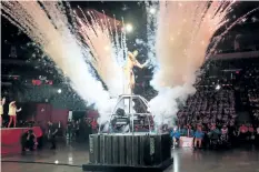  ?? BROOK JONES/POSTMEDIA NETWORK ?? A live replica of Winnipeg’s iconic landmark, The Golden Boy, comes to life in a high-charged production during the opening ceremony for the 2017 Canada Summer Games at the Bell MTS Place in Winnipeg.