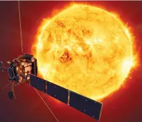  ??  ?? You’re a star: Artist’s impression of the craft near the sun; and ‘pink’ gas on surface