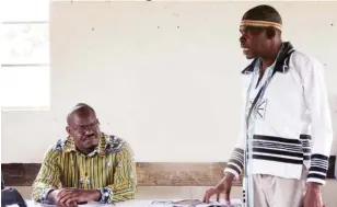  ?? ?? Informatio­n, Publicity and Broadcasti­ng Services Permanent Secretary Mr Nick Mnganwana (left) and Chief Ndondo engage stakeholde­rs of Inqganga FM Community Radio Station in Umguza District, Matabelela­nd North yesterday