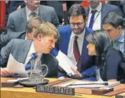  ?? AFP ?? British deputy ambassador to the UN Jonathan Allen (left) speaks to US envoy to the UN Nikki Haley (right).