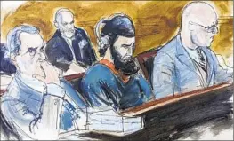  ?? Elizabeth Williams Associated Press ?? A COURTROOM sketch of Sayfullo Saipov, center, who kept his head down as survivors of the truck assault and relatives of the dead spoke Wednesday.