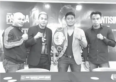  ??  ?? From left. ALA chief trainer Edmund Villamor, ‘Prince’ Albert Pagara, Mark ‘Magnifico’ Magsayo and Jeo ‘Santino’ Santisima pose during the press conference for Pinoy Pride 42 yesterday at the St. Mark’s Hotel.