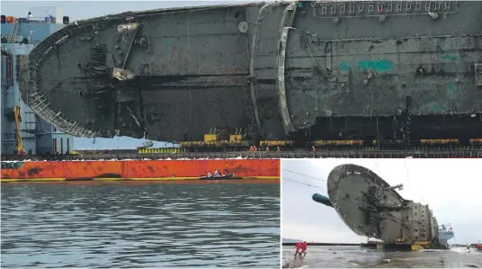  ?? PHOTO: HANDOUT/SOUTH KOREAN MARITIME MINISTRY/AFP ?? The wreck of the Sewol ferry placed onto a submersibl­e vessel off the coast of the southern South Korean island of Jindo in March 2017.