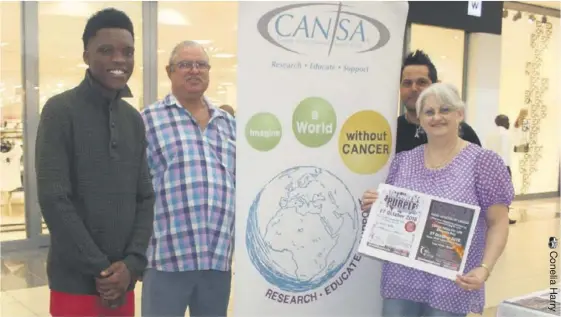  ??  ?? Members of the CANSA Relay For Life team: Xolani Ncube, Gerhard Vermaak, Andre Vermeulen and Erika Vermaak were at Boardwalk Inkwazi Shopping Centre on Saturday encouragin­g shoppers to support the event this weekend