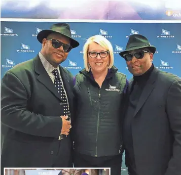  ?? COURTESY ANDREA MOKROS ?? ABOVE: Shorewood native Andrea Mokros, vice president of communicat­ions and events for the Minnesota Super Bowl Host Committee, poses with music producers Jimmy Jam (left) and Terry Lewis, who are producing the concerts during the Super Bowl Live...