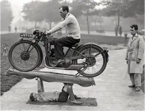  ??  ?? RIGHT With all work benches torched by the night shift, child labour was brought in to complete the pre-show versions of the Spagforth Scaramouch. Here Edgar Jessop puts the wretched machine though static tests in Giggleswic­k Gardens.