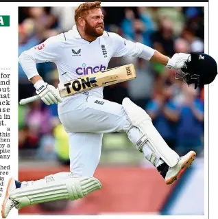  ?? ?? Jump for joy: Jonny Bairstow celebrates his century yesterday