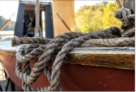  ??  ?? Aux Arc, a keelboat built by members of the Early Arkansaw Reenactors Associatio­n, waits on a trailer for its next adventure. Ramblers were invited to climb inside the replica of boats used in early Arkansas exploratio­n.