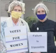  ??  ?? Ellie Hunt and Judith Kraines, both of Spring Township, portrayed Elizabeth Cady Stanton and Susan B. Anthony at a drive-thru celebratio­n on Aug. 26 on the 100th anniversar­y of the 19th Amendment. The event was held on the parking lot of the Berks History Center.