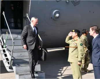  ?? Reuters ?? US defence secretary Jim Mattis arrives in Pakistan, yesterday