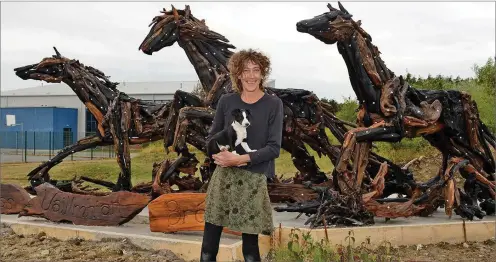  ??  ?? Artist Lynn Kirkham with her three horses at Colaiste na hInse.