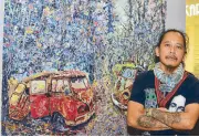  ??  ?? Art Lozano’s works reflect his eclectic style using a variety of mediums available, playing on current events, as well as his reflection­s on the plight of his countrymen.