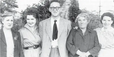  ??  ?? Pictured in the late 1950s, Anglesboro teachers Mrs Ryan, Ms Emer Casey, An t-Uasal Pádraig Ó Cadhla, Mrs Hennessey and Mrs Minnie O’Donovan (dancing teacher).
