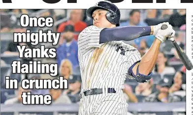  ?? Bill Kostroun ?? HARD JUDGEMENT : Aaron Judge swings and misses for one of his three strikeouts Sunday, continuing a nosedive from an MVP-caliber first half to his current run of at least one strikeout in 30 consecutiv­e games.