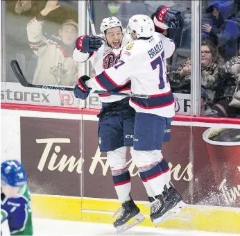  ?? TROY FLEECE/REGINA LEADER-POST. ?? Jared Legien, left, and Matt Bradley of the Regina Pats, shown celebratin­g a goal against the Swift Current Broncos in the 2018 WHL playoffs, hope to be rejoicing again Wednesday.