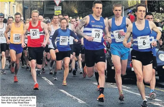  ??  ?? The blue vests of Morpeth to the fore at the start of last year’s New Year’s Day Road Race