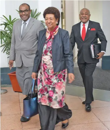  ?? Photo: Ronald Kumar ?? From left: Opposition Member of Parliament Antonio Lalabalavu, Ro Teimumu Kepa and Simione Rasova outside Parliament on August 6, 2019.