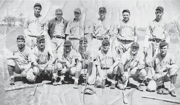  ?? Courtesy John Meehan Sr. ?? George Meehan (back, far right) pitched with the Harlandale Athletics, an amateur baseball team that changed names in 1936, when the Bob Jones Café took over their sponsorshi­p. Known as the Jones Cafémen, they practiced and often played at Barrett Field, named for Thurman Barrett, a developer of the Harlandale subdivisio­n.