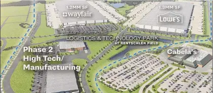  ?? Illustrati­on courtesy National Developmen­t ?? Illustrati­on of the planned logistics and technology park at Rentschler Field in East Hartford. The first phase is to be completed in less than two years.