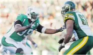  ?? LIAM RICHARDS/The Canadian Press file photo ?? Roughrider­s defensive end Alex Hall will lead his squad into
McMahon Stadium to face the Stampeders on Saturday.