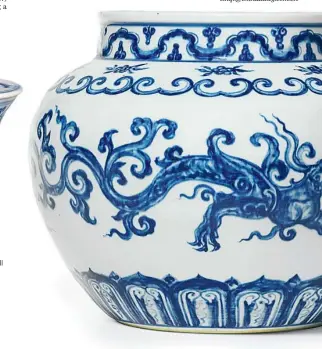  ?? PHOTOS PROVIDED TO CHINA DAILY ?? The azure glazed Ru brush washer (top) and two Ming Dynasty (1368-1644) blue-and-white porcelain pieces (above and right) will go under the hammer at Sotheby’s major autumn sale in Hong Kong on Oct 3.