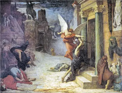  ?? [ Leemage Corbis Getty ] ?? Niemand entgeht der großen Plage, die Armen ohnehin nicht, aber auch nicht die Reichen in ihren Palästen. Eine allegorisc­he Darstellun­g im antiken Ambiente von Jules-Elie´ Delaunay (1869).