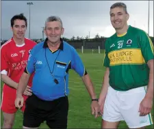  ??  ?? Referee Paul O’Sullivan with Anthony Rainbow & Maurice Fitzgerald toss of coin before the legends game