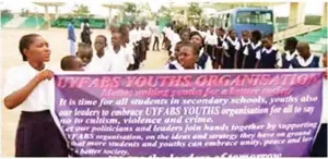  ??  ?? Government school students during a rally against student cultism in the state.