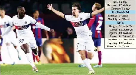  ?? ?? PSG players celebratin­g Osman Dembele’s goal in the 4-1 defeat of Barcelona in Spain...last night