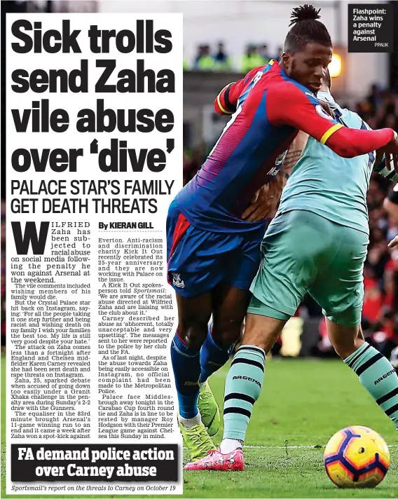  ?? PPAUK ?? Flashpoint: Zaha wins a penalty against Arsenal