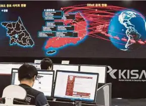  ?? NYT PIC ?? Workers monitoring possible ransomware cyberattac­ks at South Korea’s Internet and Security Agency in Seoul. The explosion of state-sponsored, sophistica­ted cyberattac­ks has been fuelled by the expansion of poorly protected targets.