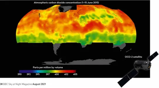  ??  ?? ▼ Data from the OCO-2 satellite in June 2015, with higher concentrat­ions of carbon dioxide shown in red and lower concentrat­ions shown in yellow and green