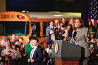 ?? Karen Ducey/Associated Press ?? Vice President Kamala Harris speaks at an event highlighti­ng the Biden administra­tion’s investment­s in electric school buses on Wednesday at Lumen Field in Seattle.