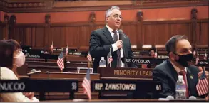  ?? Jessica Hill / Associated Press file photo ?? Connecticu­t House Minority Leader Vincent Candelora, R-North Branford, speaks during the opening session at the state Capitol on Jan. 6 in Hartford. Candelora and members of a bipartisan committee of legislator­s voted unanimousl­y on Nov. 17 for a new map that redraws the district boundaries for the state House of Representa­tives.